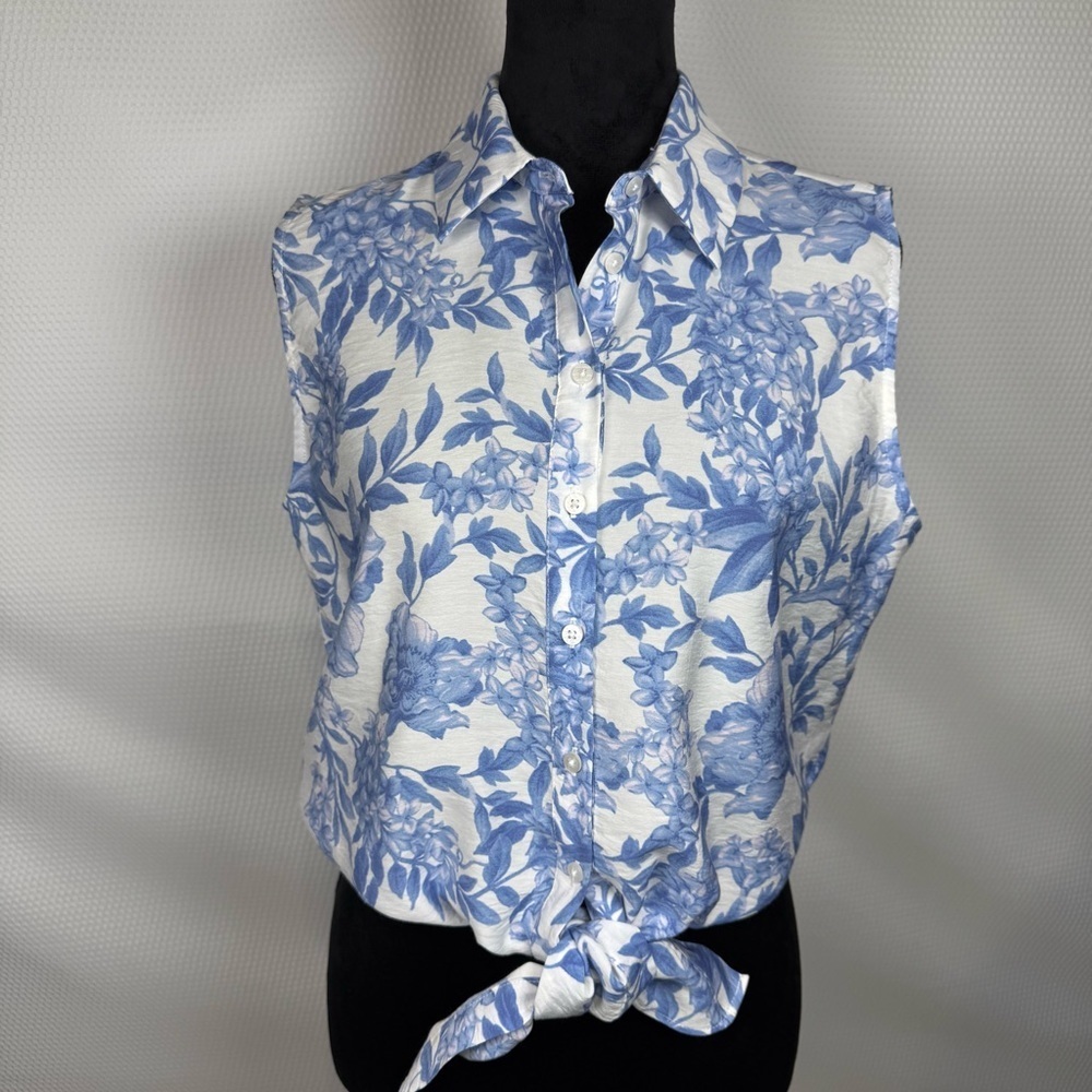 Joie Floral Knot Tie Sleeveless Button-Up Collared Blouse Size Small Blue/White